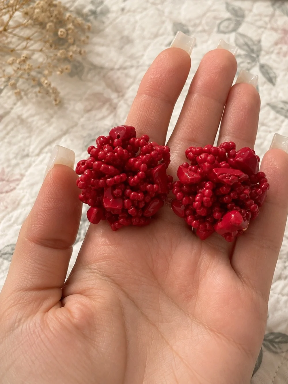 Red Cluster Bead Statement Earrings - Women Jewelry